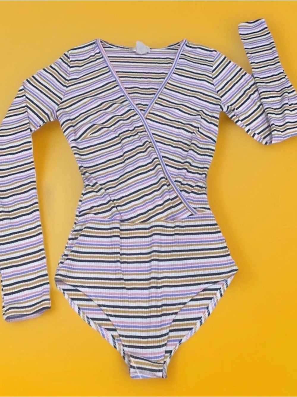 Striped Wrap Long-Sleeve Bodysuit in Lavender Multicolor